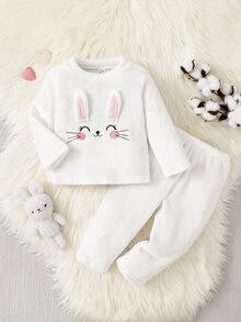 女嬰刺繡可愛兔子圖案米色極簡風日系時尚長褲長袖休閒毛絨居家服家庭套裝秋季 - 白色 - 查看 4