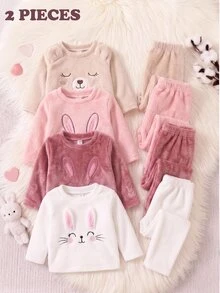 女嬰刺繡可愛兔子圖案米色極簡風日系時尚長褲長袖休閒毛絨居家服家庭套裝秋季 - 白色 - 查看 1