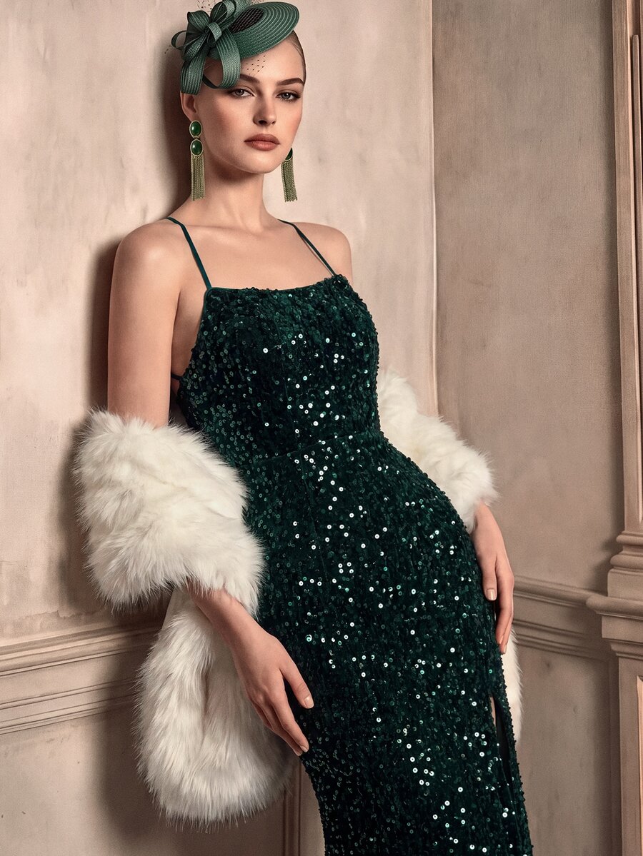 Anewsta Elegant Spaghetti Strap Backless Lace-Up Sequin Velvet Waist-Cinching High Slit Solid Color Evening Party Dress - Dark Green - View 1