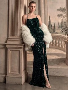 Anewsta Elegant Spaghetti Strap Backless Lace-Up Sequin Velvet Waist-Cinching High Slit Solid Color Evening Party Dress - Dark Green - View 2