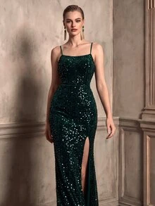 Anewsta Elegant Spaghetti Strap Backless Lace-Up Sequin Velvet Waist-Cinching High Slit Solid Color Evening Party Dress - Dark Green - View 6