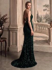 Anewsta Elegant Spaghetti Strap Backless Lace-Up Sequin Velvet Waist-Cinching High Slit Solid Color Evening Party Dress - Dark Green - View 4