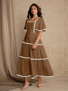 Roveilla Plus Size Women Summer Casual Soft Form Boho 1960s Patchwork Ribbon Ruffle Hem Dress Brunch Vacation Brown Formal Vacation - Brown - View 5