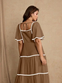 Roveilla Plus Size Women Summer Casual Soft Form Boho 1960s Patchwork Ribbon Ruffle Hem Dress Brunch Vacation Brown Formal Vacation - Brown - View 2