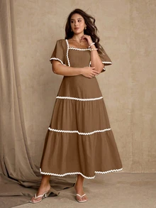 Roveilla Plus Size Women Summer Casual Soft Form Boho 1960s Patchwork Ribbon Ruffle Hem Dress Brunch Vacation Brown Formal Vacation - Brown - View 4