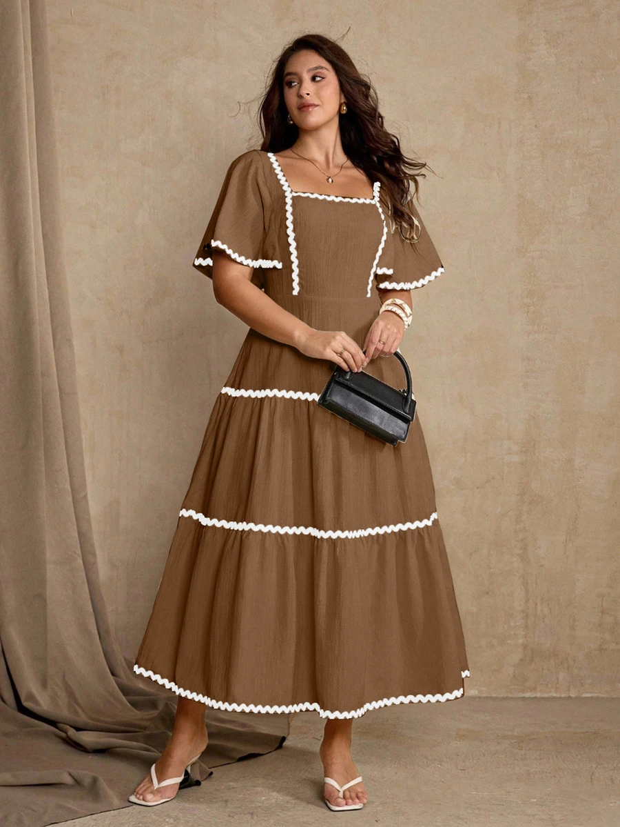Roveilla Plus Size Women Summer Casual Soft Form Boho 1960s Patchwork Ribbon Ruffle Hem Dress Brunch Vacation Brown Formal Vacation - Brown - View 1