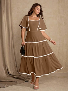 Roveilla Plus Size Women Summer Casual Soft Form Boho 1960s Patchwork Ribbon Ruffle Hem Dress Brunch Vacation Brown Formal Vacation - Brown - View 7