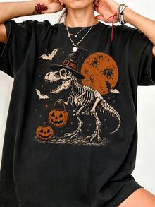 Women's Crew Neck Short Sleeve T-Shirt, Vintage Dinosaur Skeleton Witch Hat Pumpkin Bat Pattern T-Shirt For Halloween Party Autumn Daily Street - Black - View 6