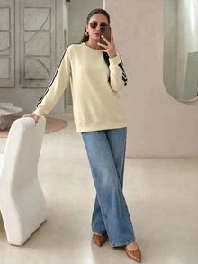 Rue Lumi Women's Long Sleeve Color Block Raglan Round Neck Casual Sweatshirt - Apricot - View 4