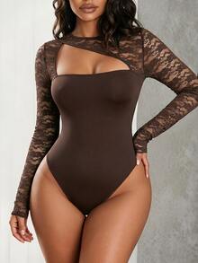 Allurite Women's Solid Color Lace Patchwork Hollow Out Bodysuit Night Out Dark Brown Autumn - Brown - View 3