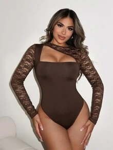 Allurite Women's Solid Color Lace Patchwork Hollow Out Bodysuit Night Out Dark Brown Autumn - Brown - View 4