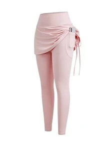 SHEIN Cheerettes Solid Color Side Drawstring Sports Leggings - Pink - View 10