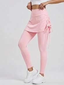 SHEIN Cheerettes Solid Color Side Drawstring Sports Leggings - Pink - View 2