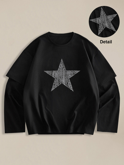 EASEVO Kaos Grafis Streetwear Kasual 2-in-1 Motif Bintang Lima Ukuran Besar untuk Pria, Cocok untuk Liburan, Warna Hitam, dan Musim Gugur.
