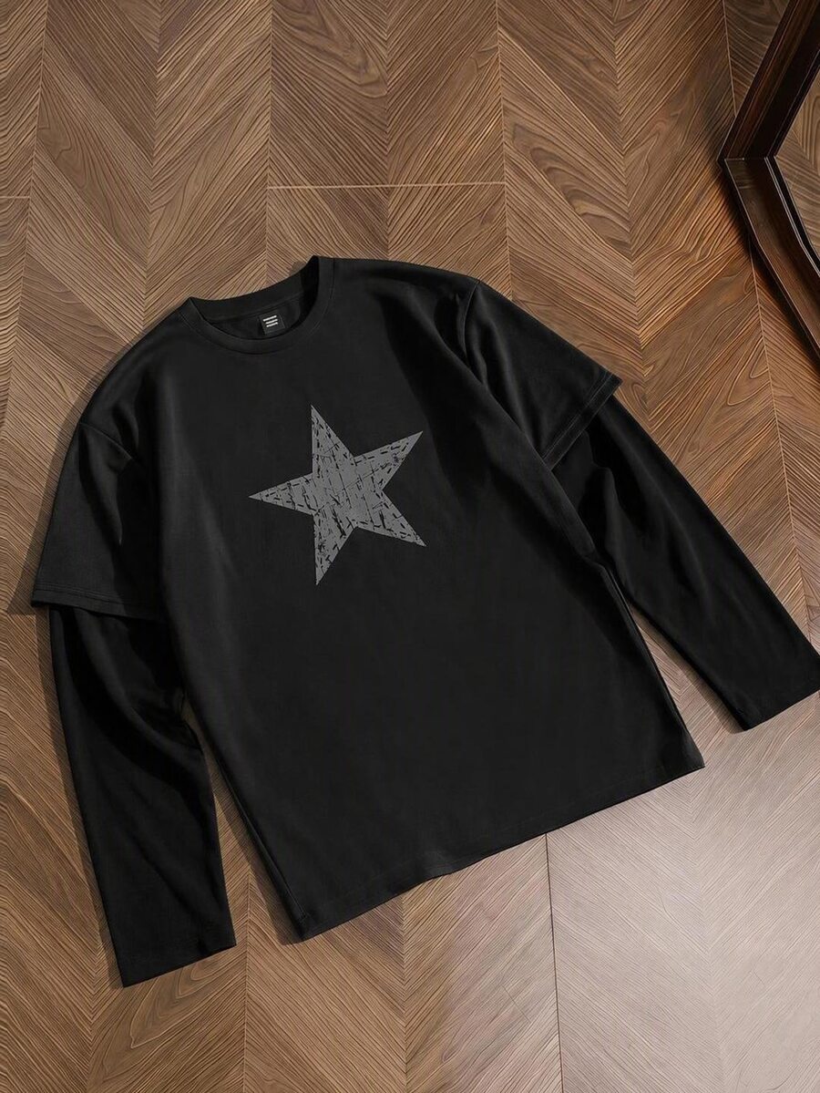 EASEVO Plus Size Men's Five-Point Star Print 2 In 1 Casual Streetwear Graphic T-Shirt Vacation Holiday Black Autumn