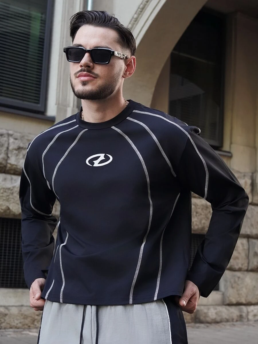 LEOGASHI LEOGASHI Men's Casual Contrast Stitching Long Sleeve T-Shirt, Autumn, For Fall - Black - View 1