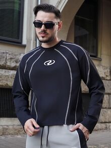LEOGASHI LEOGASHI Men's Casual Contrast Stitching Long Sleeve T-Shirt, Autumn, For Fall - Black - View 3
