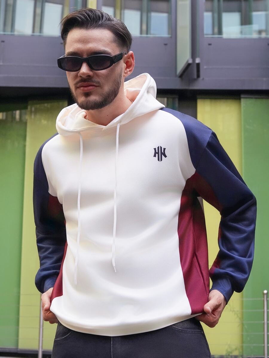 LEOGASHI LEOGASHI Men's Double H Creative Design Small Pattern Crew Neck Colorblock Long Sleeve Double Layer Hooded Sweatshirt, Fashion Casual Versatile Sporty Style Long Sleeve Men's Double Layer Hooded Sweatshirt - Multicolor - View 1