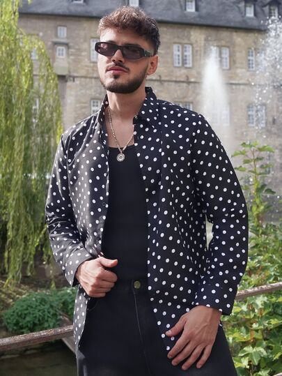 LEOGASHI LEOGASHI Men's Polka Dot Print Long Sleeve Casual Shirt, Slim Fit Button Up Graphic Shirt For Husband, Fall, Formal, Ceremony