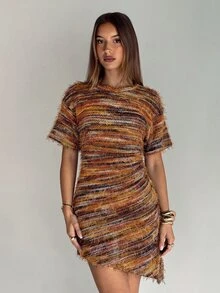 Aloruh 女款優雅圓領不對稱下擺蕾絲拼接收腰短袖迷你洋裝 - 彩色 - 查看 5