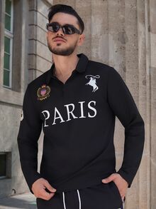 LEOGASHI LEOGASHI Aesthetic Post--Men's Casual Letter Print Long Sleeve Golf Polo Shirt For Autumn, For Fall - Black - View 1