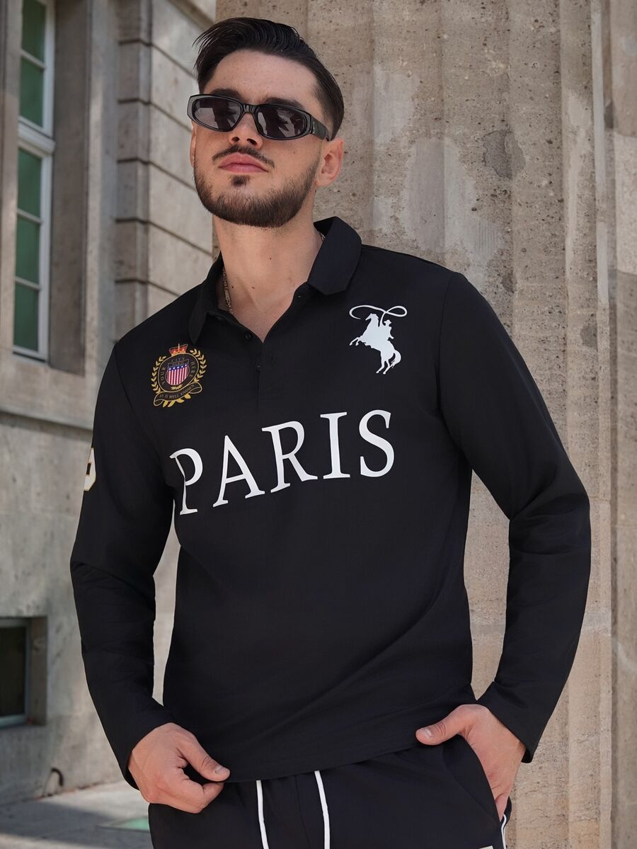 LEOGASHI LEOGASHI Aesthetic Post--Men's Casual Letter Print Long Sleeve Golf Polo Shirt For Autumn, For Fall - Black - View 1
