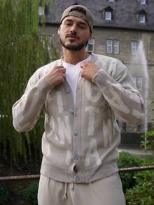 LEOGASHI LEOGASHI Men's Letter Print Front Buttoned Casual Long Sleeve Knit Cardigan, For Fall Winter - Light Grey - View 3