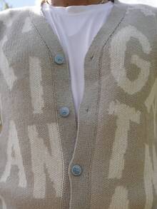 LEOGASHI LEOGASHI Men's Letter Print Front Buttoned Casual Long Sleeve Knit Cardigan, For Fall Winter - Light Grey - View 5