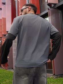 LEOGASHI LEOGASHI Men's Street Fashion Knitted Crew Neck Letter Print Long Sleeve T-Shirt - Grey - View 4