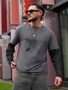 LEOGASHI LEOGASHI Men's Street Fashion Knitted Crew Neck Letter Print Long Sleeve T-Shirt - Grey - View 3