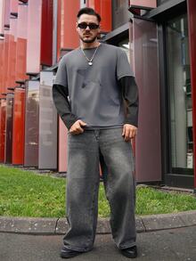LEOGASHI LEOGASHI Men's Street Fashion Knitted Crew Neck Letter Print Long Sleeve T-Shirt - Grey - View 2