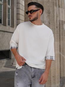LEOGASHI LEOGASHI Men Back To School Loose Fit Contrast Plaid Cuff Harajuku Short Sleeve Preppy Tee, For Going Out, Fall - White - View 3