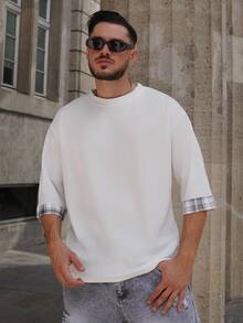 LEOGASHI LEOGASHI Men Back To School Loose Fit Contrast Plaid Cuff Harajuku Short Sleeve Preppy Tee, For Going Out, Fall - White - View 1
