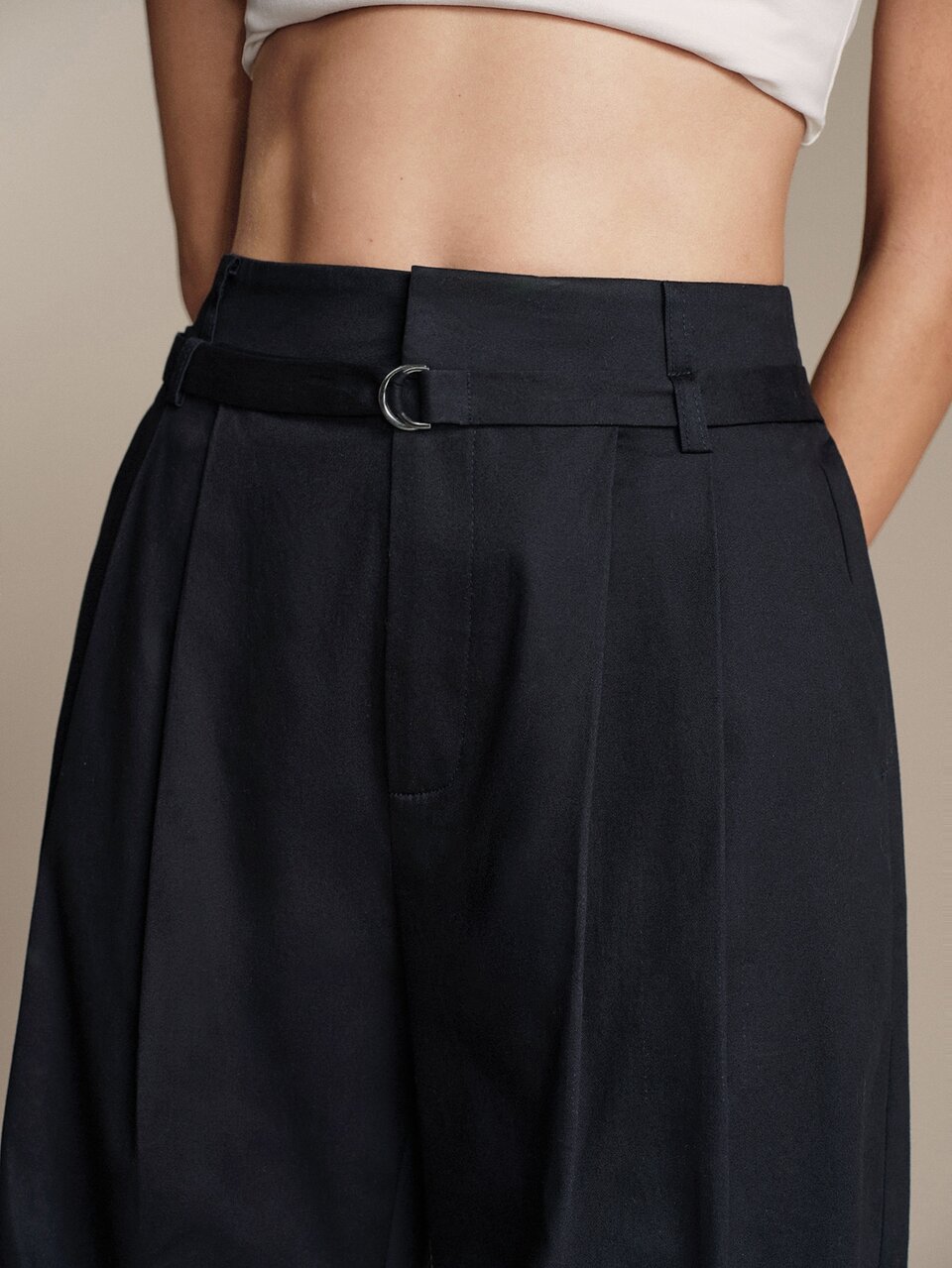 Anewsta Essential Women's Black High Waist Pleated Wide Leg Pants With Ring Belt, Draped Casual Straight Leg Dress Trousers Business Corporate Office Work Fall