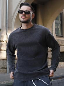 LEOGASHI LEOGASHI Men's Casual Washed Loose Fit Round Neck Long Sleeve T-Shirt - Black - View 1