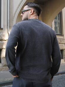 LEOGASHI LEOGASHI Men's Casual Washed Loose Fit Round Neck Long Sleeve T-Shirt - Black - View 4