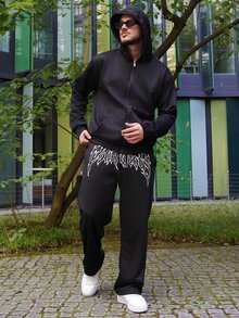 LEOGASHI LEOGASHI 男士春秋休閒純色極簡百搭聚酯纖維連帽開襟運動衫寬鬆夾克 - 黑色 - 查看 2