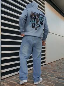 LEOGASHI LEOGASHI 男士秋冬休閒時尚「Don't Give Up」標語印花袋鼠口袋抽繩連帽抓絨衛衣 - 淺藍色 - 查看 5