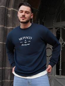 LEOGASHI LEOGASHI Men's Fashionable Creative Graphic Print Casual Sports Commuter Slim Fit Crew Neck Sweatshirt - Navy Blue - View 1