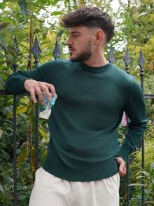 LEOGASHI LEOGASHI Men's Solid Color Crew Neck Long Sleeve Casual Versatile Lightweight Fitted Knit Sweater - Green - View 5