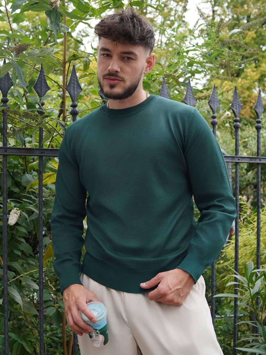 LEOGASHI LEOGASHI Men's Solid Color Crew Neck Long Sleeve Casual Versatile Lightweight Fitted Knit Sweater