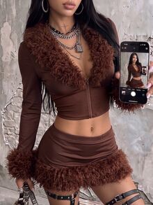 EgrlEra Women's Fur Trim Sexy Long Sleeve Top + Mini Skirt 2 Pieces Set,Concert Outfits Night Out Club Dark Brown Autumn - Brown - View 6