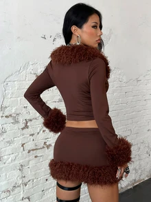 EgrlEra Women's Fur Trim Sexy Long Sleeve Top + Mini Skirt 2 Pieces Set,Concert Outfits Night Out Club Dark Brown Autumn - Brown - View 2