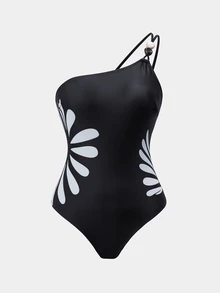 Swim Oasis Baju Renang Terusan Wanita Motif Musim Semi/Panas Hitam dengan Hiasan Manik-manik dan Rok Senada - Hitam dan Putih - View 4
