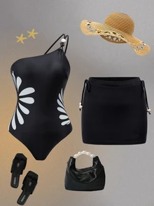 Swim Oasis Baju Renang Terusan Wanita Motif Musim Semi/Panas Hitam dengan Hiasan Manik-manik dan Rok Senada - Hitam dan Putih - View 9