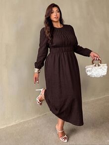 Auralis Plus Size Brown Round Neck Cinched Waist Flared Umbrella Skirt/Casual Cottage Core Dress Elastic Elegant Daily, Fall/Winter, Thanksgiving, New Year - Brown - View 7