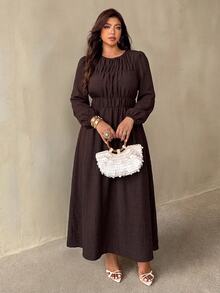 Auralis Plus Size Brown Round Neck Cinched Waist Flared Umbrella Skirt/Casual Cottage Core Dress Elastic Elegant Daily, Fall/Winter, Thanksgiving, New Year - Brown - View 6