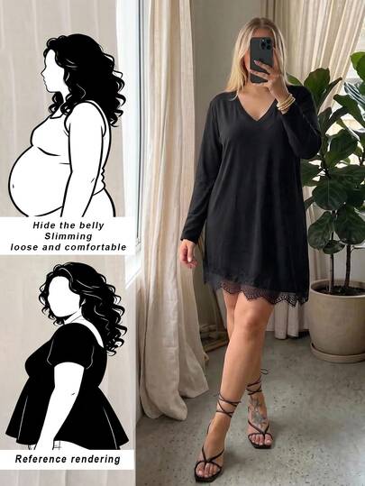 Auralis Vestido corto casual negro para mujer de talla grande, con cuello en V, dobladillo asimétrico, patchwork de encaje, manga larga, holgado y cómodo