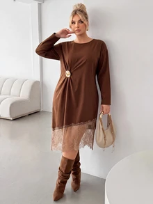 Auralis Plus Size Women's Brown Round Neck Ruched Waist Metal Decor Satin Lace Patchwork Asymmetrical Hem Elegant Fashion Holiday Party Outfit Long Sleeve Short Dress - Brown - View 7