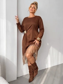 Auralis Plus Size Women's Brown Round Neck Ruched Waist Metal Decor Satin Lace Patchwork Asymmetrical Hem Elegant Fashion Holiday Party Outfit Long Sleeve Short Dress - Brown - View 8